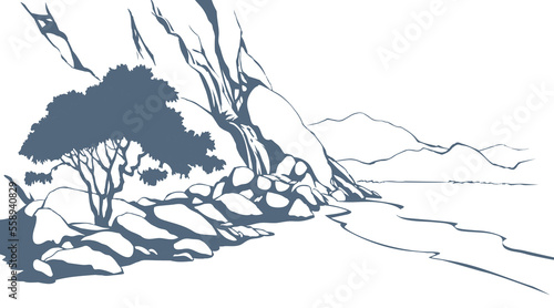 Vector landscape. Tree near a mountain stream