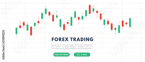 Forex Trading banner. Stock market candlestick, chart green and red japanese candle stick. Chart of buy and sell indicators vector illustration
