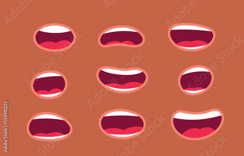 Big set of animation funny cartoon mouths with different expressions and emotions: smile, angry, laugh, surprised. Flat vector illustration