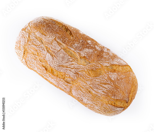 Crusty loaf of sourdough bread on white background