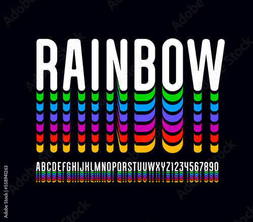 Condensed font, rounded narrow alphabet, modern letters and numbers