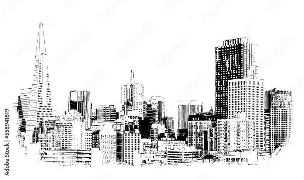 Financial District San Francisco Skyline, ink sketch illustration isolated on white background.