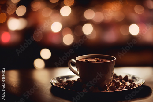 Enjoying a hot cocoa drink in a cozy place. A sweet and warm night.