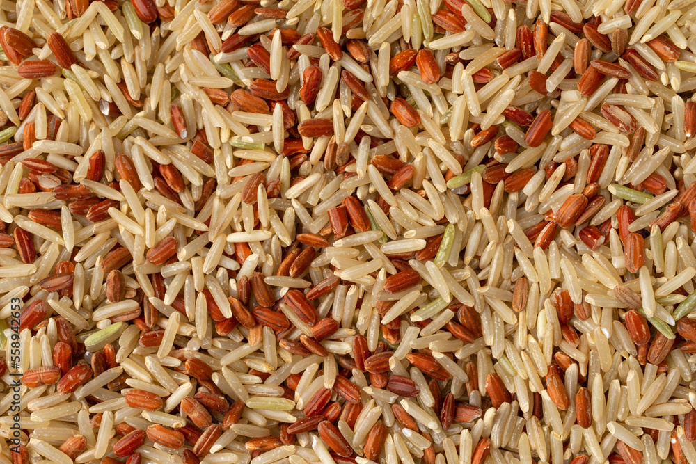 Close view of a mixture of long grain brown rice and red rice.