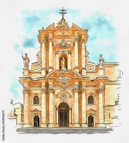 watercolor church building, beige, architectural style clip art preview
