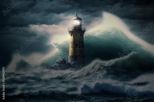 Storm raging at night over and around a lighthouse, artwork created with generative ai