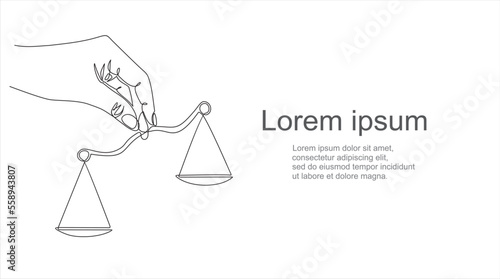 One single line drawing of hand holding weight scale symbol for world day of social justice in continuous line drawing