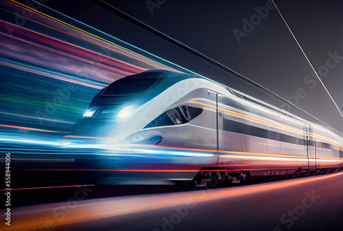 A high speed train with Hologram Lighting . (ai technology)