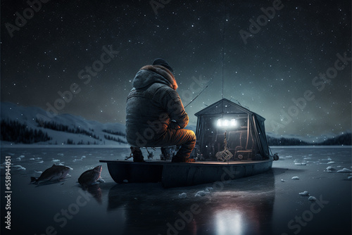 Ice Fishing on a lake at night with stars, front view. Generative AI