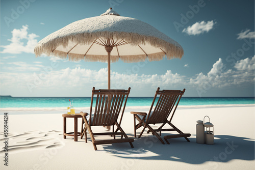 Beautiful tranquil white sand beach with two beach chair and thatched umbrella. romantic summer vacation at tropical private island for luxury sea resort advertising background  front view. Generative