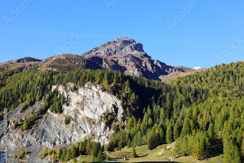 View on a valley in the Upper-Engadine valley of Grisons in Switzerland