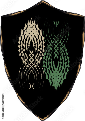 Two Pisces, Neptune, Pisces astrological sign. Coat of arms, emblem, shield, tattoo design