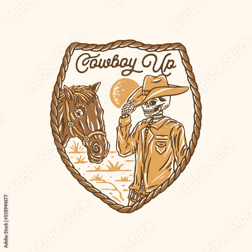 cowboy illustration skull graphic horse design head badge vintage rope