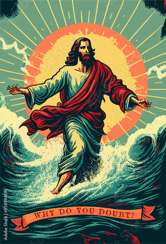 Jesus Walking On Water Retro Illustration