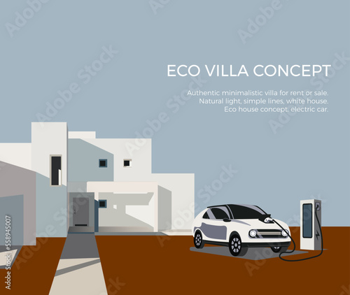 Fotografiet Home eco modern future or contemporary luxury house architecture building with electric car charging
