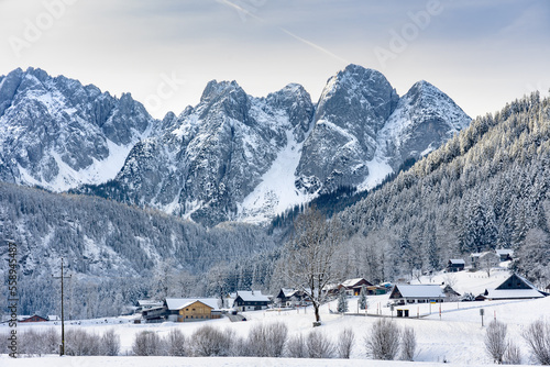 beautiful panoramic snowy winter landscape with Dachstein mountins in Gosau photo