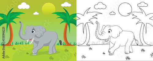 Cute cartoon elephant coloring page with line art, kids activity page vector illustration