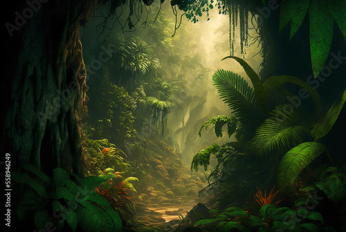 Fantasy forest jungle scene AI Generative	
 photo