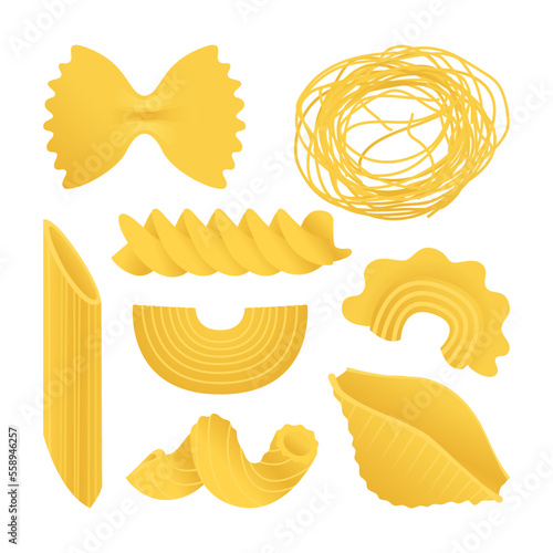 Yellow macaroni set. Vector illustration collection of flat icons of dry Italian macaroni of various kinds, pasta, fusilli, conchiglio, rigatoni, farfalle, penne isolated on white background