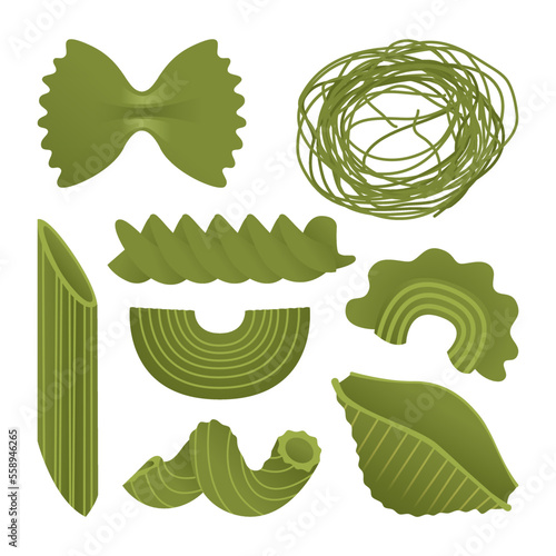 Green macaroni set. Vector illustration collection of flat icons of dry Italian macaroni of various kinds, pasta, fusilli, conchiglio, rigatoni, farfalle, penne isolated on white background