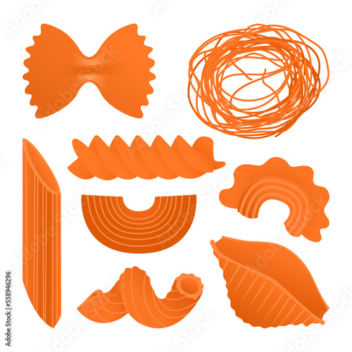 Orange macaroni set. Vector illustration collection of flat icons of dry Italian macaroni of various kinds, pasta, fusilli, conchiglio, rigatoni, farfalle, penne isolated on white background