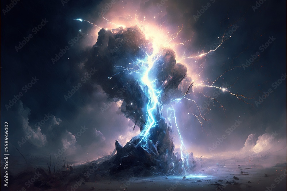 Obraz premium a large tree with lightning coming out of it's trunk in the middle of a dark sky with clouds and lightnings coming out of it.