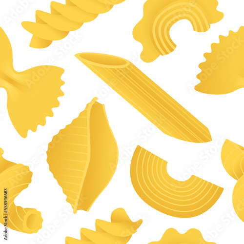 Yellow macaroni set. Vector illustration seamless pattern with flat dry Italian macaroni of various kinds, pasta, fusilli, conchiglio, rigatoni, farfalle, penne isolated on white background