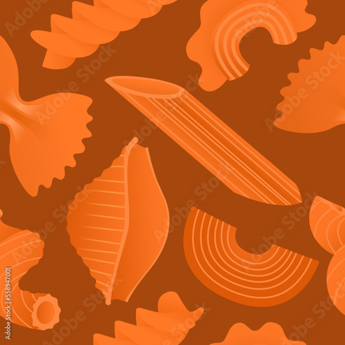 Orange macaroni set. Vector illustration seamless pattern with flat dry Italian macaroni of various kinds, pasta, fusilli, conchiglio, rigatoni, farfalle, penne isolated on orange background