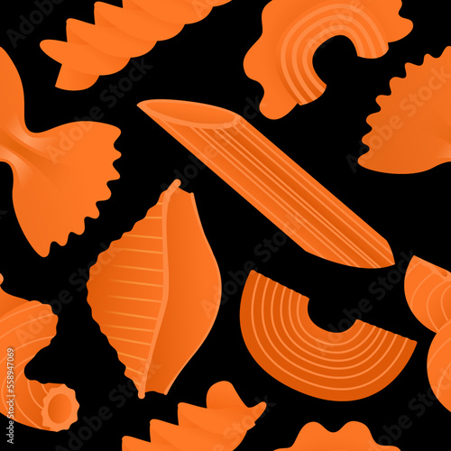 Orange macaroni set. Vector illustration seamless pattern with flat dry Italian macaroni of various kinds, pasta, fusilli, conchiglio, rigatoni, farfalle, penne isolated on black background