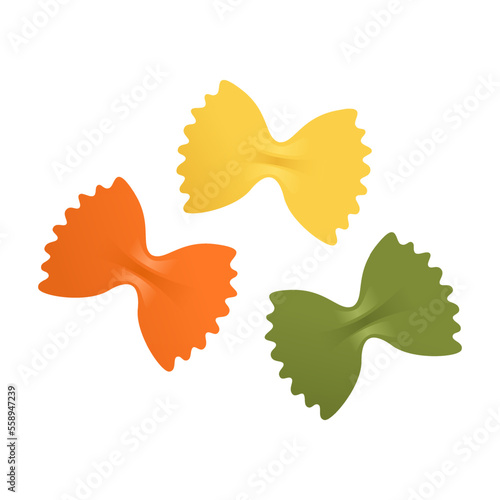 Yellow, green, orange colors macaroni set. Vector illustration flat icons of dry Italian macaroni of various kinds, pasta, fusilli, conchiglio, rigatoni, farfalle, penne isolated on white background