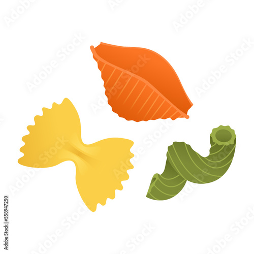 Yellow, green, orange colors macaroni set. Vector illustration flat icons of dry Italian macaroni of various kinds, pasta, fusilli, conchiglio, rigatoni, farfalle, penne isolated on white background