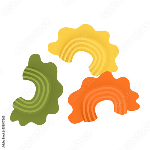 Yellow, green, orange colors macaroni set. Vector illustration flat icons of dry Italian macaroni of various kinds, pasta, fusilli, conchiglio, rigatoni, farfalle, penne isolated on white background