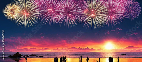 beautiful view of sunset at the beach with fireworks in the sky and silhouette of dancing people at party beach, generative AI