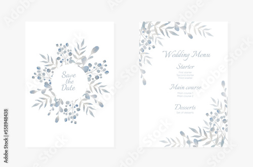 Wedding Invitation cards. Light blue Watercolor style collection design, invitation and menu template.