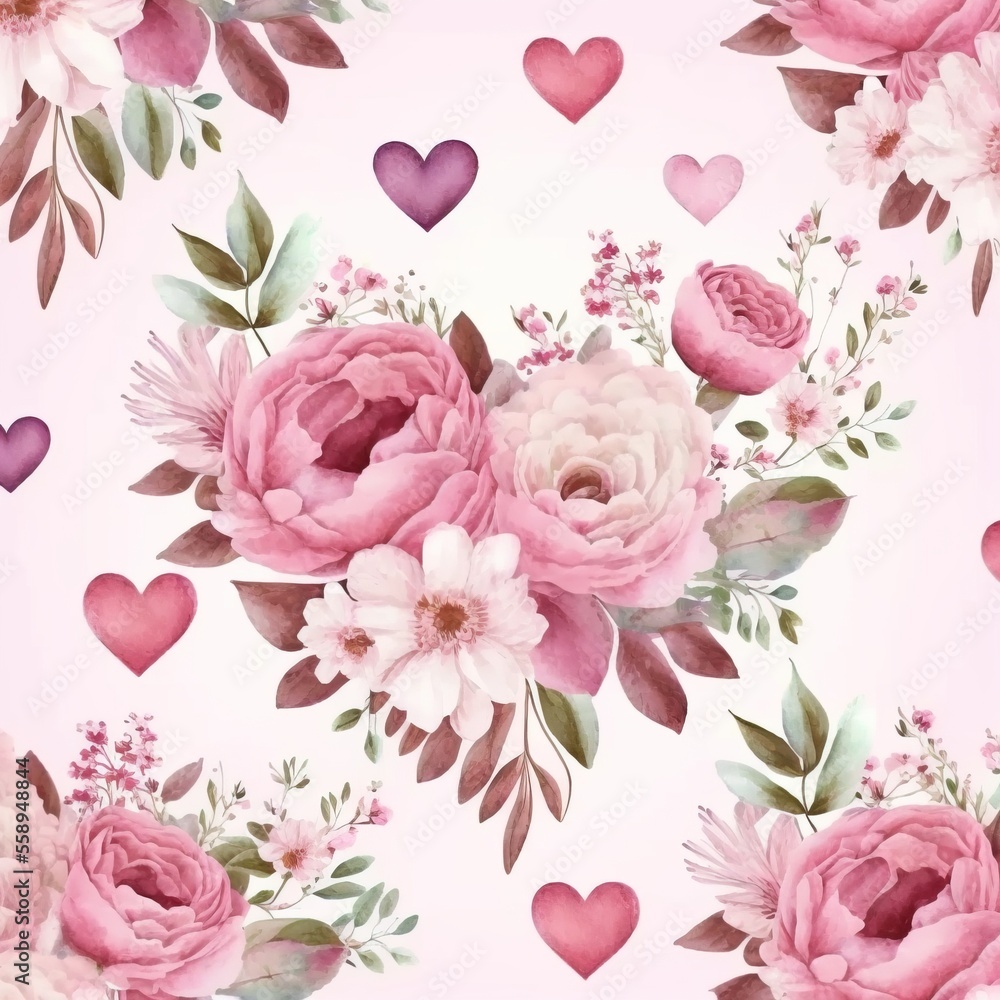 Valentine's Day Floral Seamless Pattern, Pink Watercolor Repeat Pattern.Generative AI
