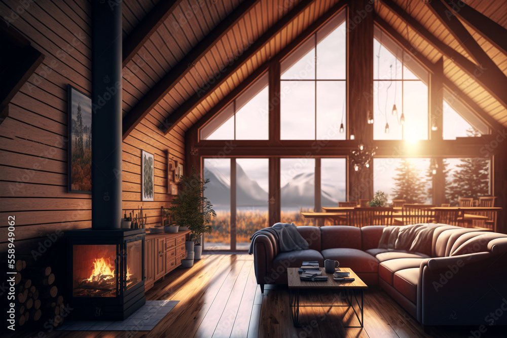 Fototapeta premium Scandinavian interior of chalet wooden living room with big windows overlooked winter forrest, fireplace and cosy atmosphere. Content for Real estate companies.
