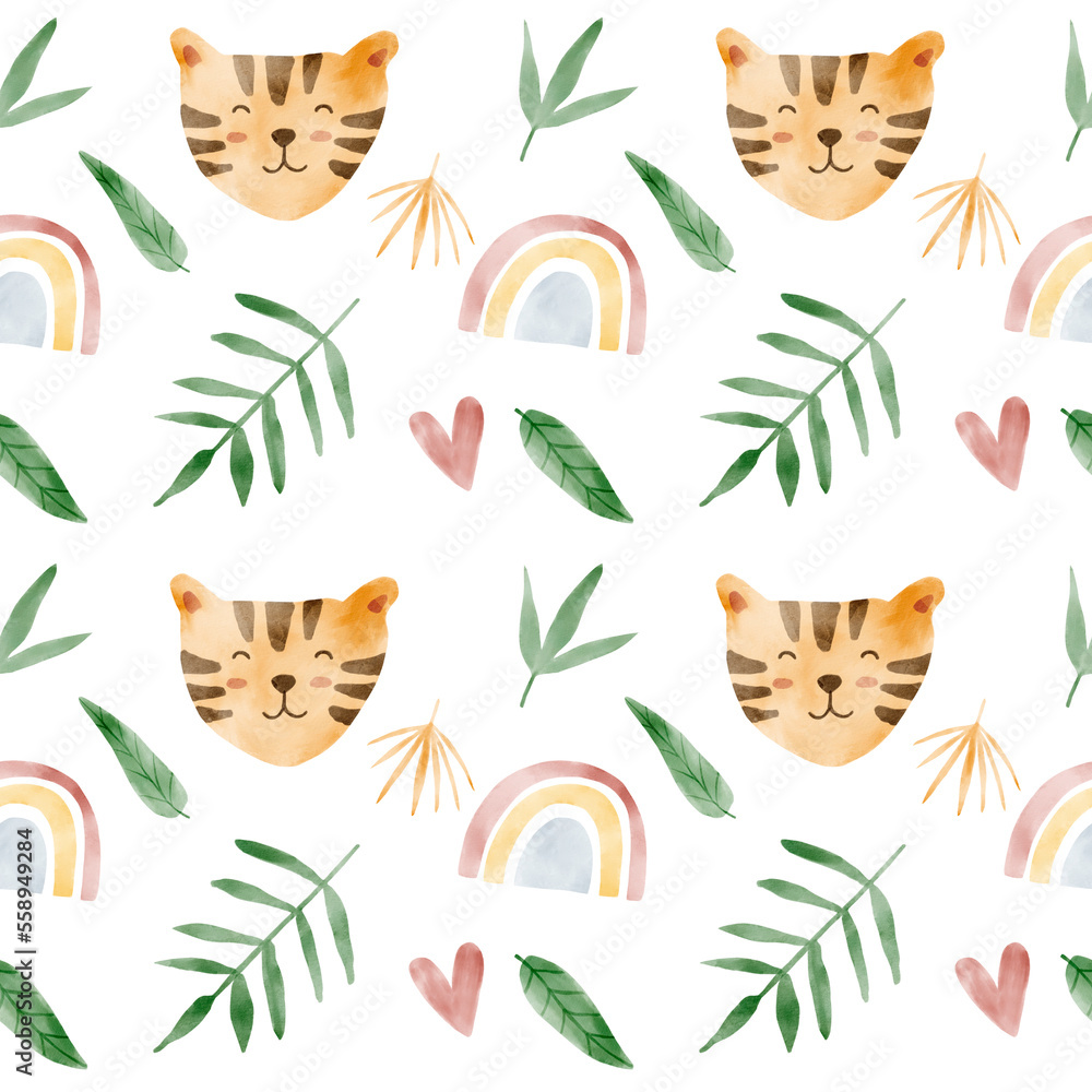 African animals watercolor pattern. Jungle animal tiger seamless watercolor background with monstera, palm leaves. Hand painted illustration isolated on white background. Nursery wallart