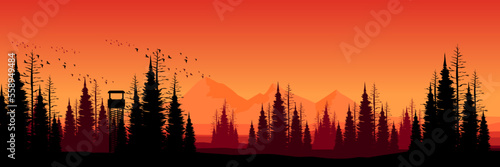 sunset in the mountains adventure with pine tree silhouette vector illustration good for wallpaper, background, backdrop, banner, web, and design template