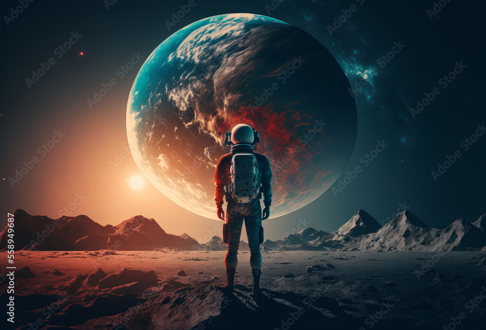 An Astronaut standing on the moon looking at a large earth like planet. Generative ai - obrazy, fototapety, plakaty 