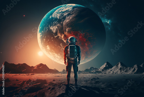 An Astronaut standing on the moon looking at a large earth like planet. Generative ai photo