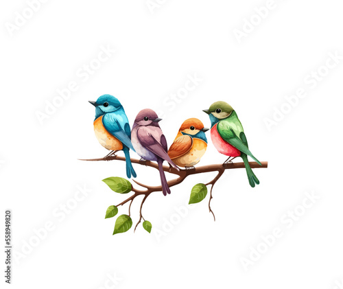 Cartoon sparrows and canaries of different colors on a branch. Vector illustration of birdies isolated on white background