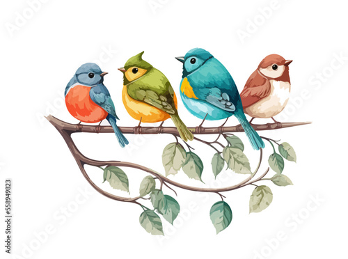 Cartoon sparrows and canaries of different colors on a branch. Vector illustration of birdies isolated on white background