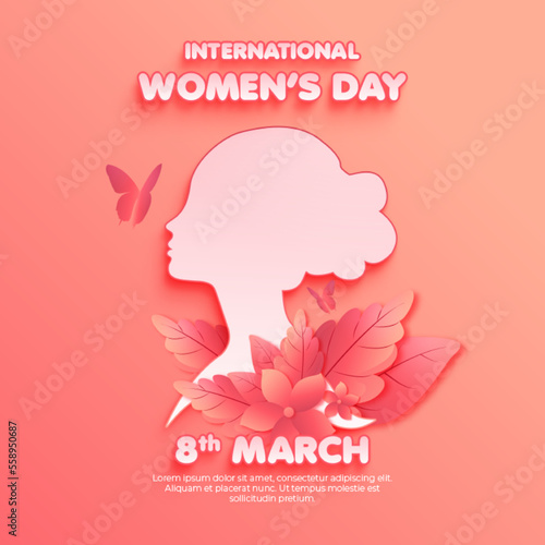 vector paper style international women's day with  silhouette pink bacground color