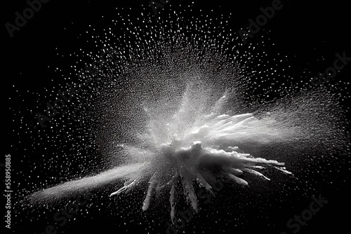 Explosion of white dust powder and particles on black background asset and mask for mattepainting and vfx photo