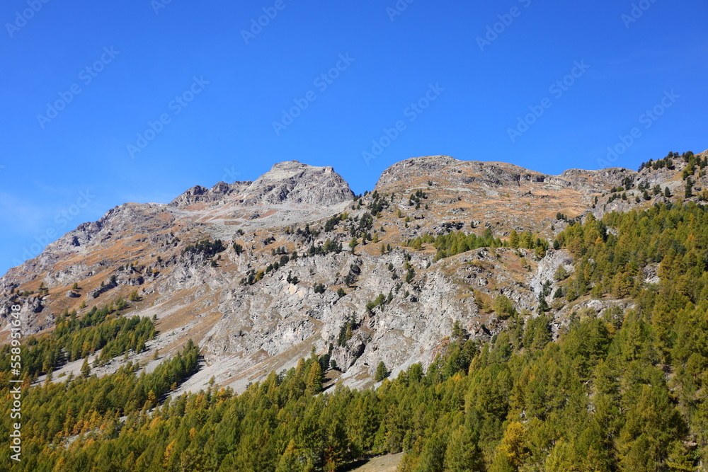 View on a valley in the Upper-Engadine valley of Grisons in Switzerland