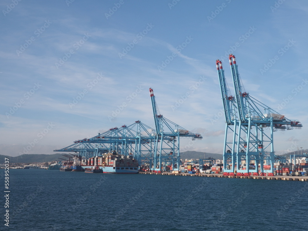 Obraz premium Blue cranes in port of european Algeciras city in Cadiz in Spain