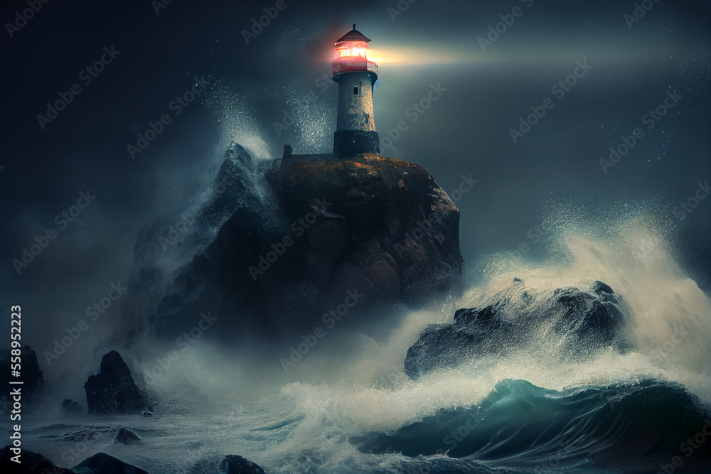 The lighthouse stands on a rock around the storm and the night