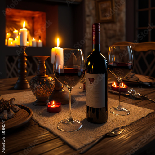 romantic dinnner setting with lit red and white candles bottles of red wine 2 wine glasses chocolate heart-shaped cand. fire place in the background valentines dinner, Generative AI	