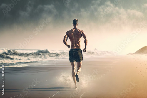 A muscle man is running on the beach in the morning sunlight, sport action activity. Generative Ai image.