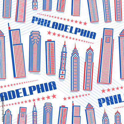 Vector Philadelphia Seamless Pattern, square repeat background with illustration of famous philadelphia city scape on white background for wrapping paper, line art urban poster with text philadelphia